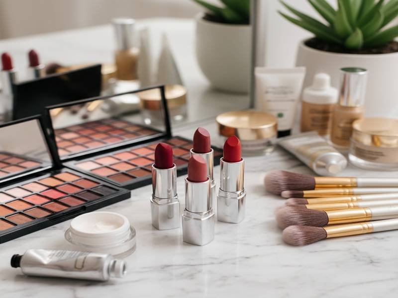 Cosmetic products arranged on a marble surface
