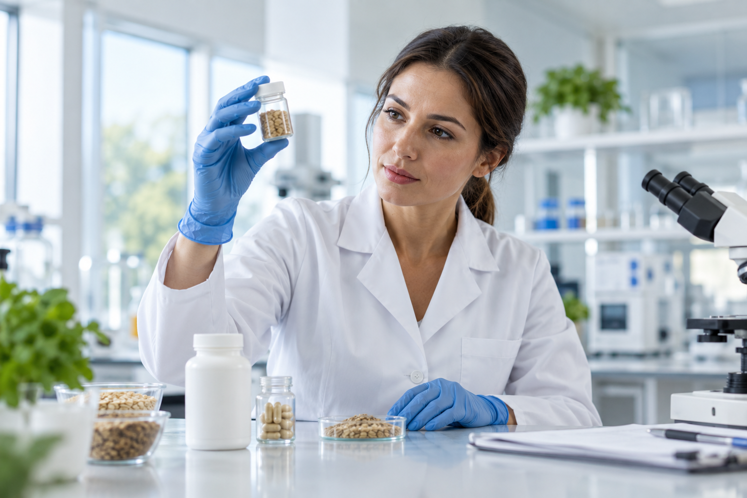Food quality scientist examining a grain sample in a nutrition laboratory