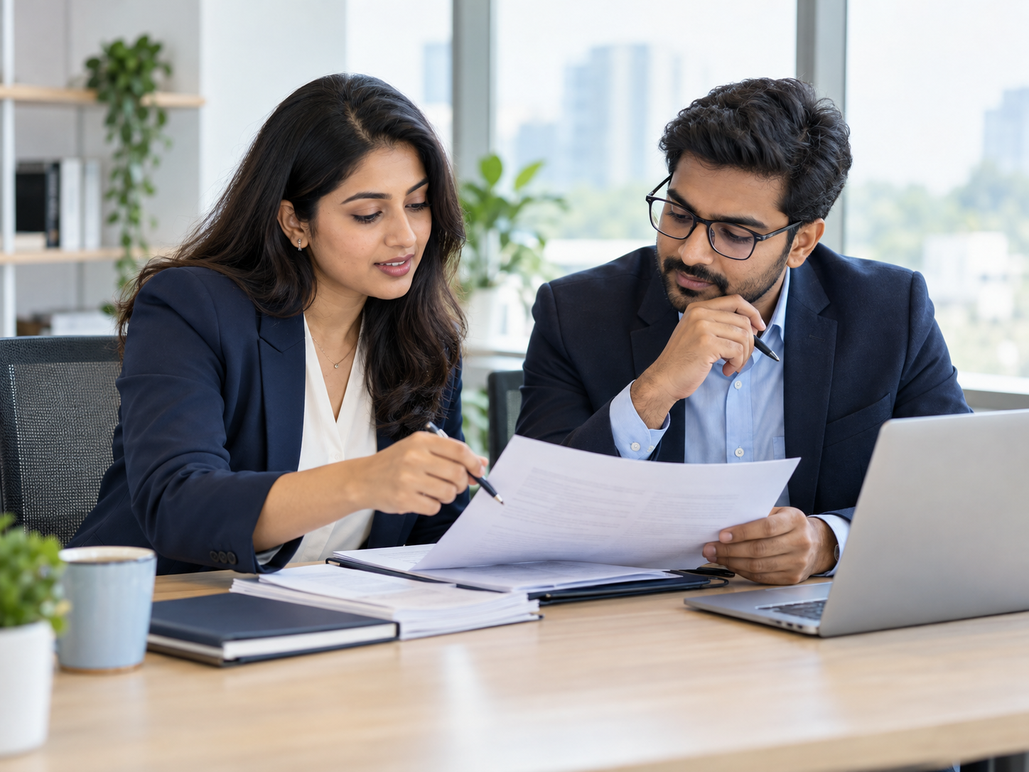 Two consulting professionals reviewing a regulatory dossier together